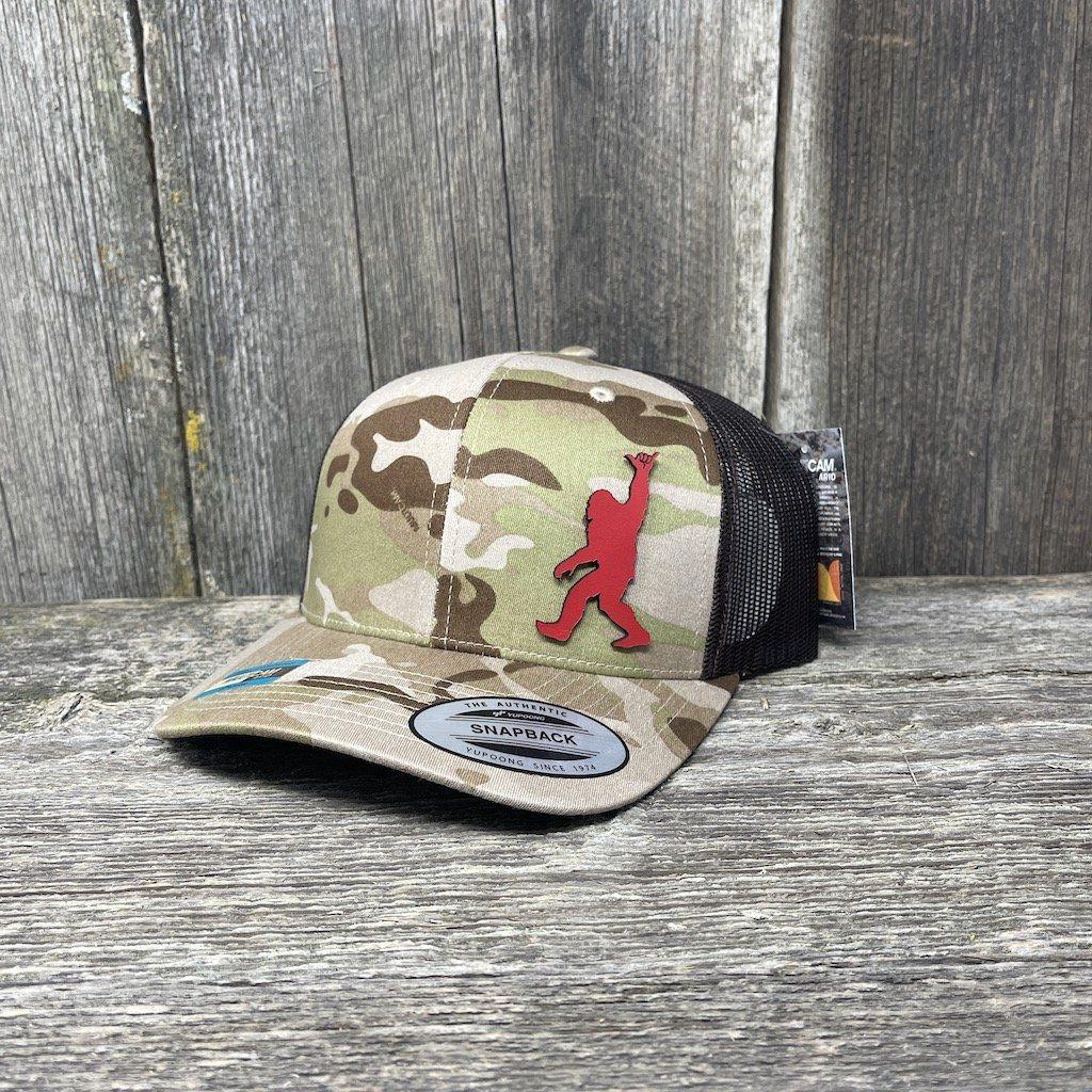 SASQUATCH RED LEATHER SHAKA PATCH - FLEXFIT-SNAPBACK Leather Patch Hats Hells Canyon Designs Arid/Brown Multicam
