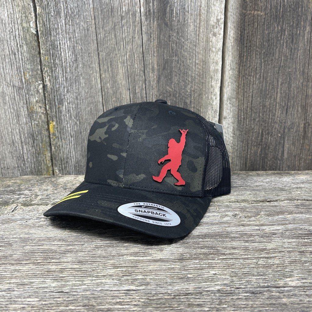 SASQUATCH RED LEATHER SHAKA PATCH - FLEXFIT-SNAPBACK Leather Patch Hats Hells Canyon Designs Black Multicam