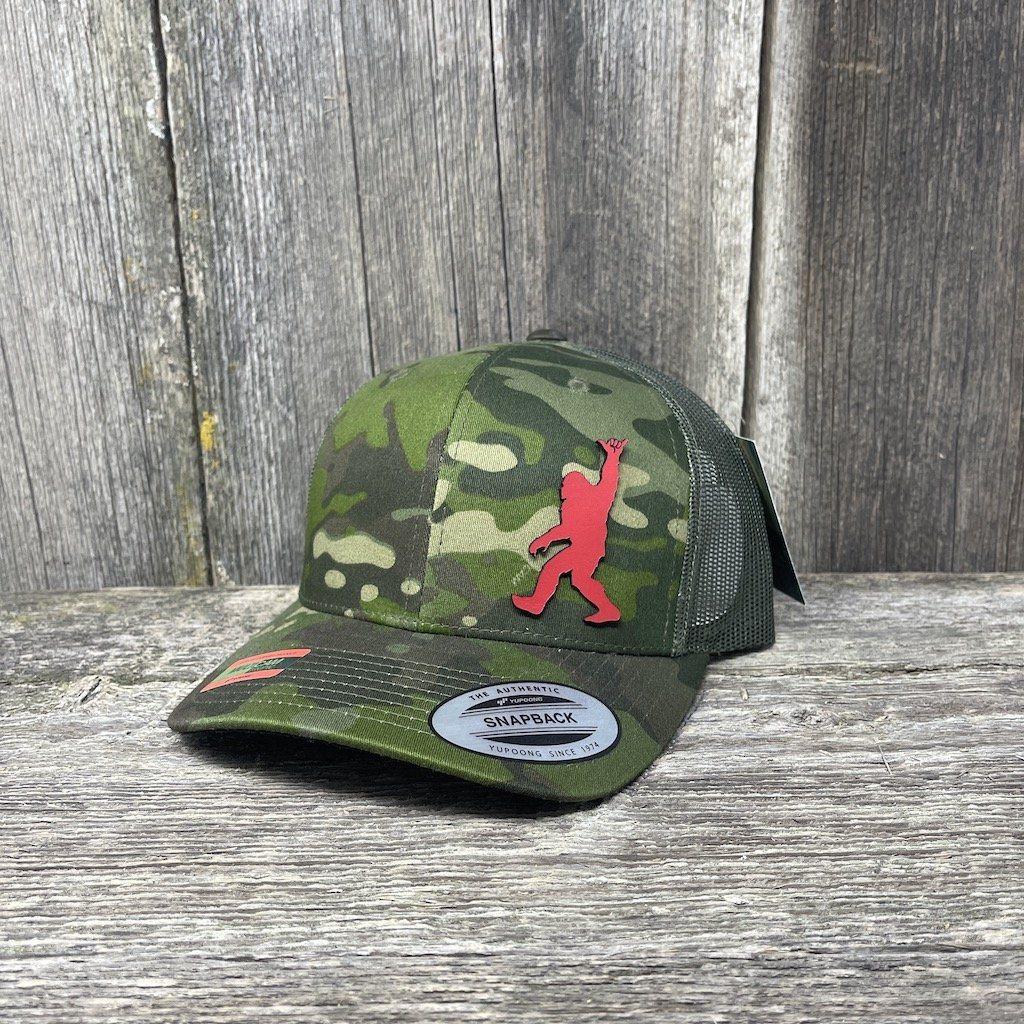 SASQUATCH RED LEATHER SHAKA PATCH - FLEXFIT-SNAPBACK Leather Patch Hats Hells Canyon Designs Green Jungle Multicam