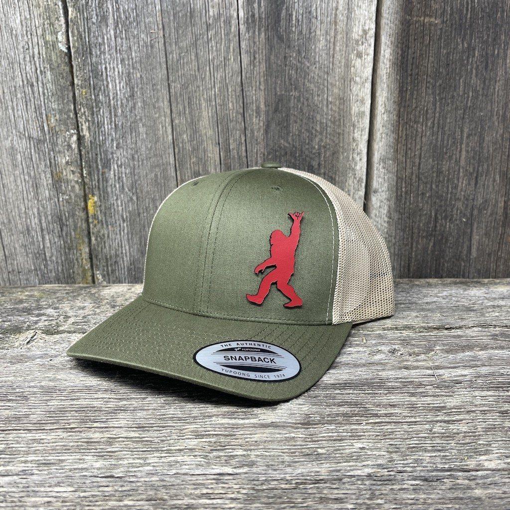 SASQUATCH RED LEATHER SHAKA PATCH - FLEXFIT-SNAPBACK Leather Patch Hats Hells Canyon Designs Loden/Tan
