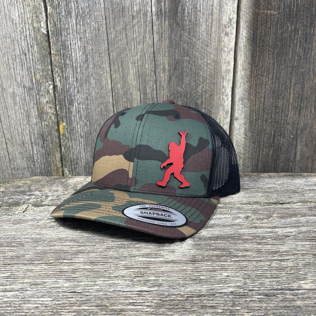 SASQUATCH RED LEATHER SHAKA PATCH - FLEXFIT-SNAPBACK Leather Patch Hats Hells Canyon Designs Tropical Multicam