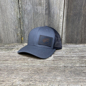 STEELHEAD FLY BLACK LEATHER PATCH HAT - RICHARDSON 112 Leather Patch Hats Hells Canyon Designs Charcoal/Black