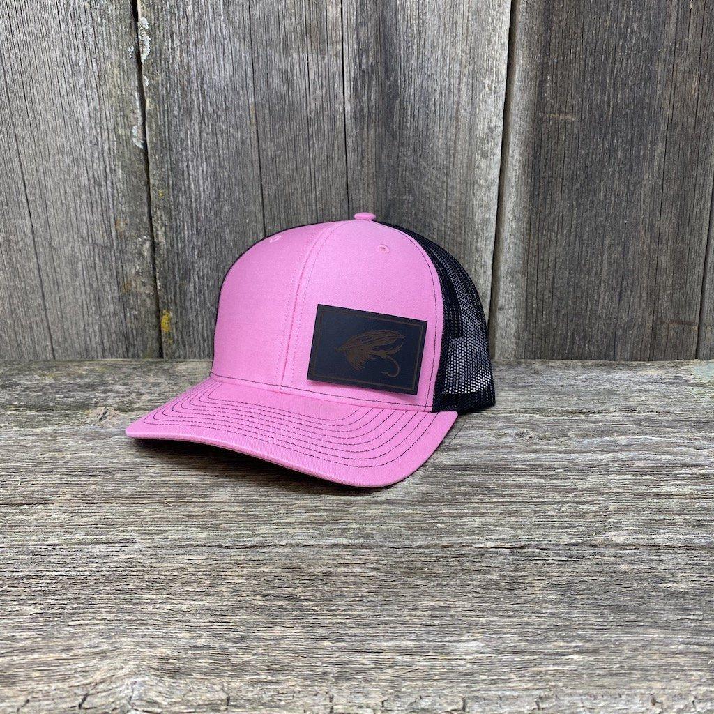 STEELHEAD FLY BLACK LEATHER PATCH HAT - RICHARDSON 112 Leather Patch Hats Hells Canyon Designs Pink/Black