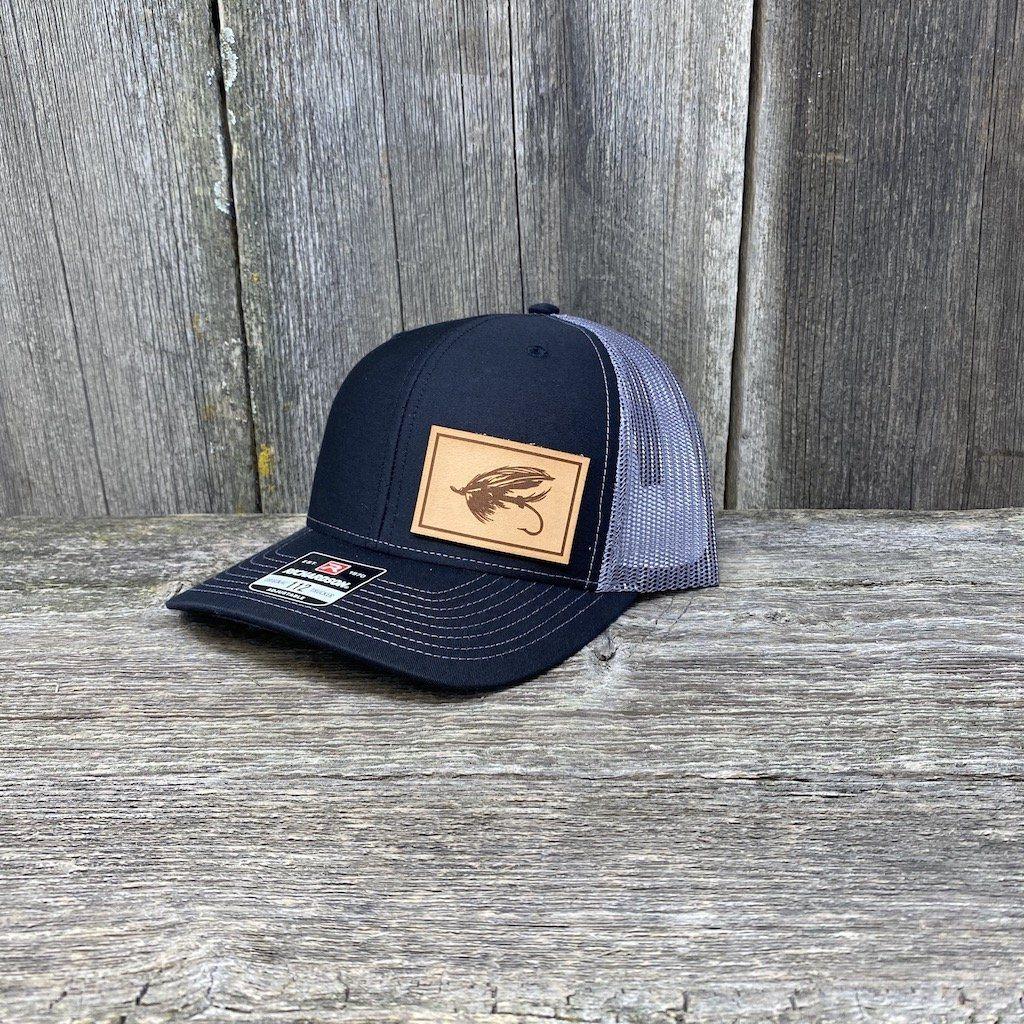 STEELHEAD FLY NATURAL LEATHER PATCH HAT - RICHARDSON 112 Leather Patch Hats Hells Canyon Designs Black/Charcoal
