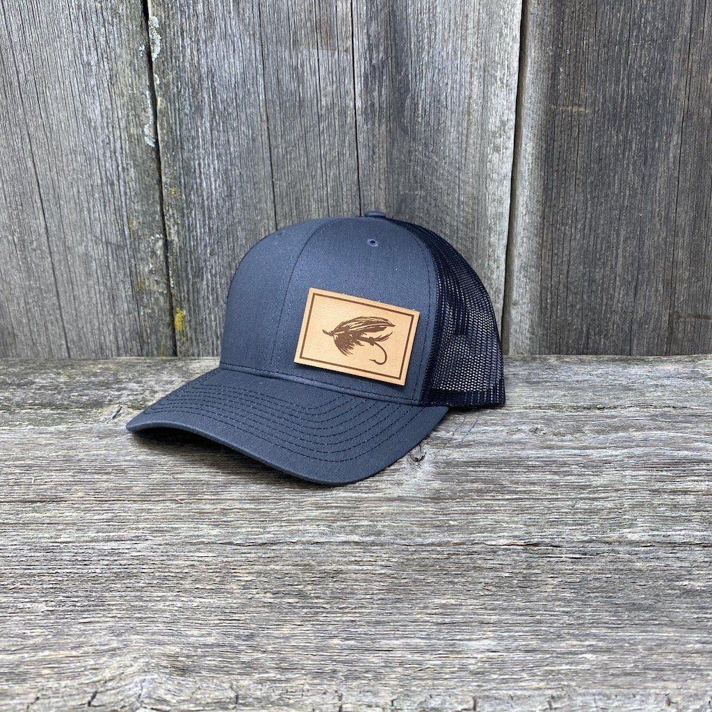 STEELHEAD FLY NATURAL LEATHER PATCH HAT - RICHARDSON 112 Leather Patch Hats Hells Canyon Designs Charcoal/Black