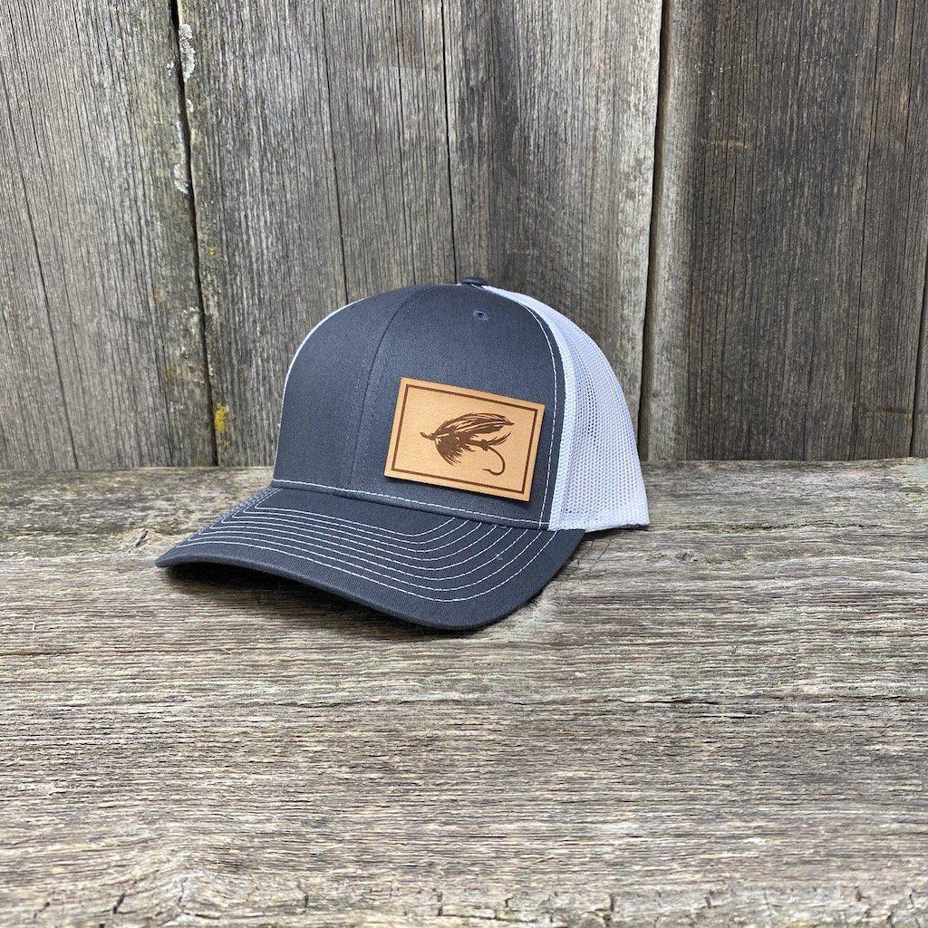 STEELHEAD FLY NATURAL LEATHER PATCH HAT - RICHARDSON 112 Leather Patch Hats Hells Canyon Designs Charcoal/White