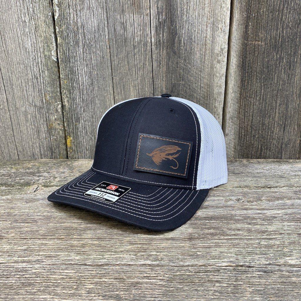 STEELHEAD FLY STITCHED BLACK LEATHER PATCH HAT - RICHARDSON 112 Leather Patch Hats Hells Canyon Designs # Black/White
