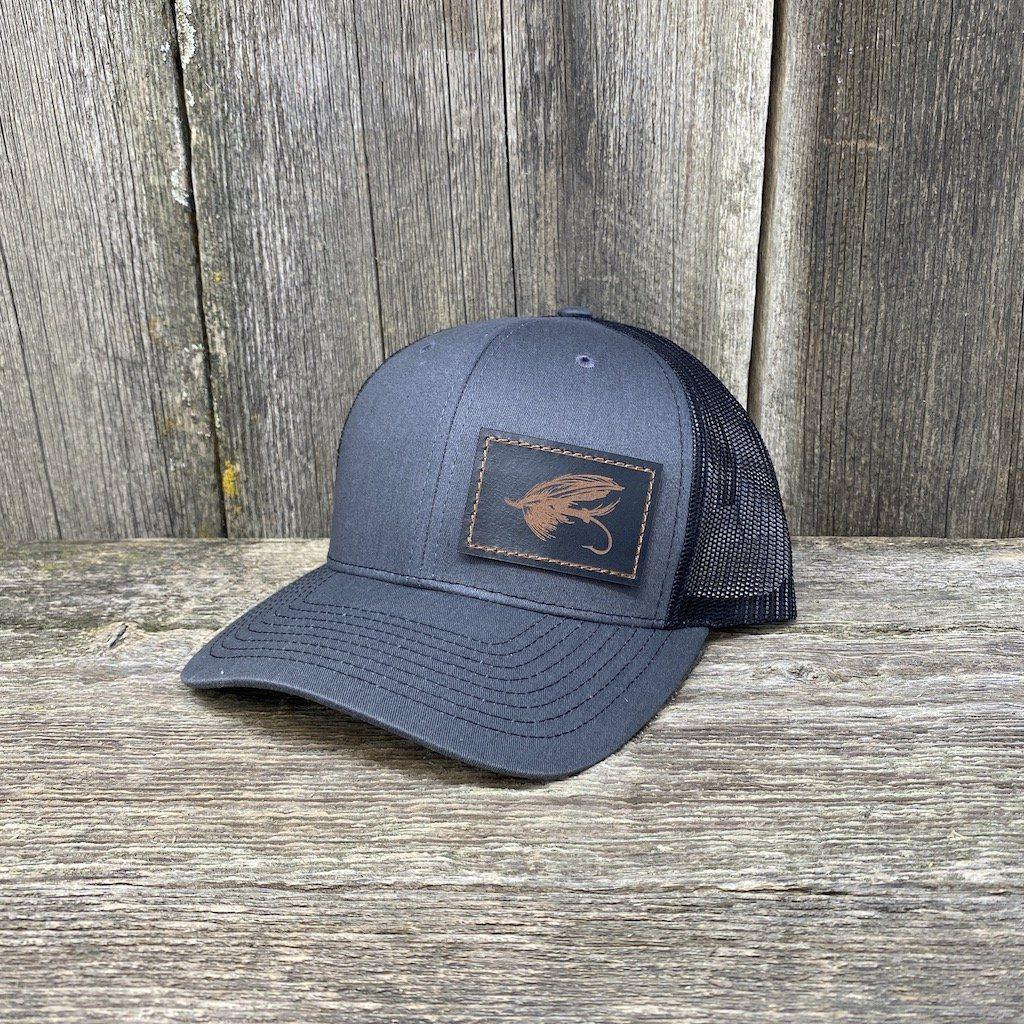 STEELHEAD FLY STITCHED BLACK LEATHER PATCH HAT - RICHARDSON 112 Leather Patch Hats Hells Canyon Designs # Charcoal/Black