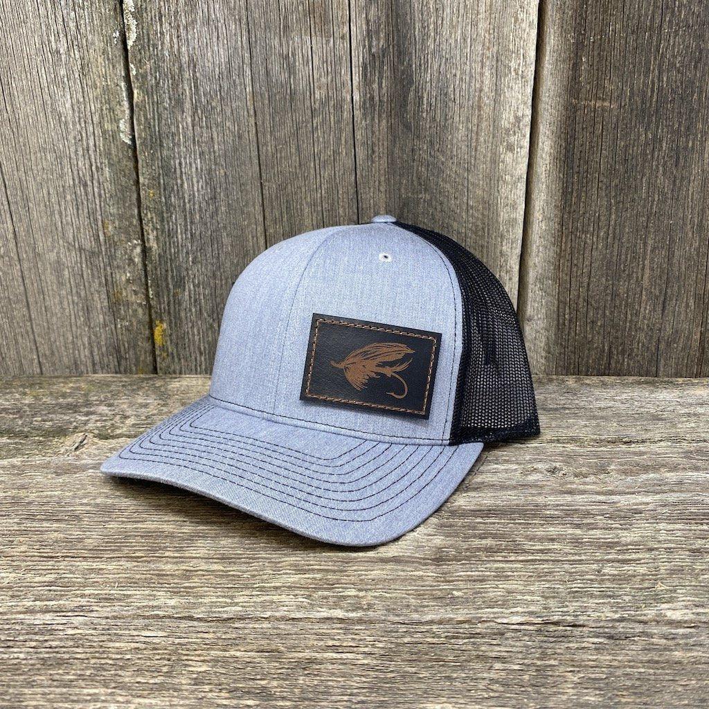 STEELHEAD FLY STITCHED BLACK LEATHER PATCH HAT - RICHARDSON 112 Leather Patch Hats Hells Canyon Designs # Heather Grey/Black