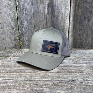STEELHEAD FLY STITCHED BLACK LEATHER PATCH HAT - RICHARDSON 112 Leather Patch Hats Hells Canyon Designs # Loden