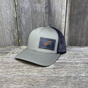 STEELHEAD FLY STITCHED BLACK LEATHER PATCH HAT - RICHARDSON 112 Leather Patch Hats Hells Canyon Designs # Loden/Black