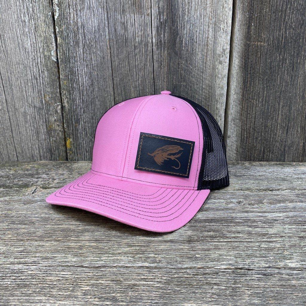 STEELHEAD FLY STITCHED BLACK LEATHER PATCH HAT - RICHARDSON 112 Leather Patch Hats Hells Canyon Designs # Pink/Black