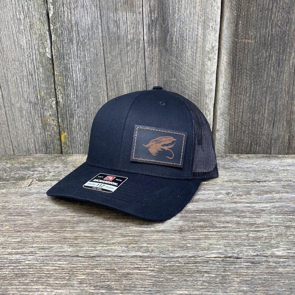 STEELHEAD FLY STITCHED BLACK LEATHER PATCH HAT - RICHARDSON 112 Leather Patch Hats Hells Canyon Designs # Solid Black