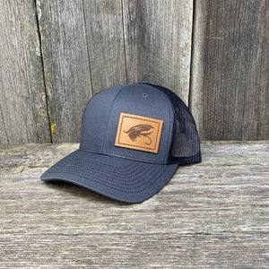 STEELHEAD FLY STITCHED CHESTNUT LEATHER PATCH HAT - RICHARDSON 112 Leather Patch Hats Hells Canyon Designs # Charcoal/Black
