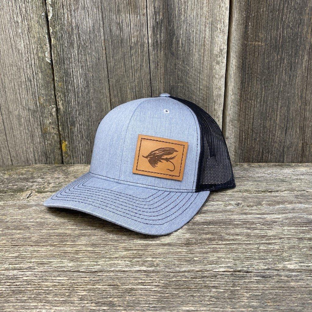 STEELHEAD FLY STITCHED CHESTNUT LEATHER PATCH HAT - RICHARDSON 112 Leather Patch Hats Hells Canyon Designs # Heather Grey/Black