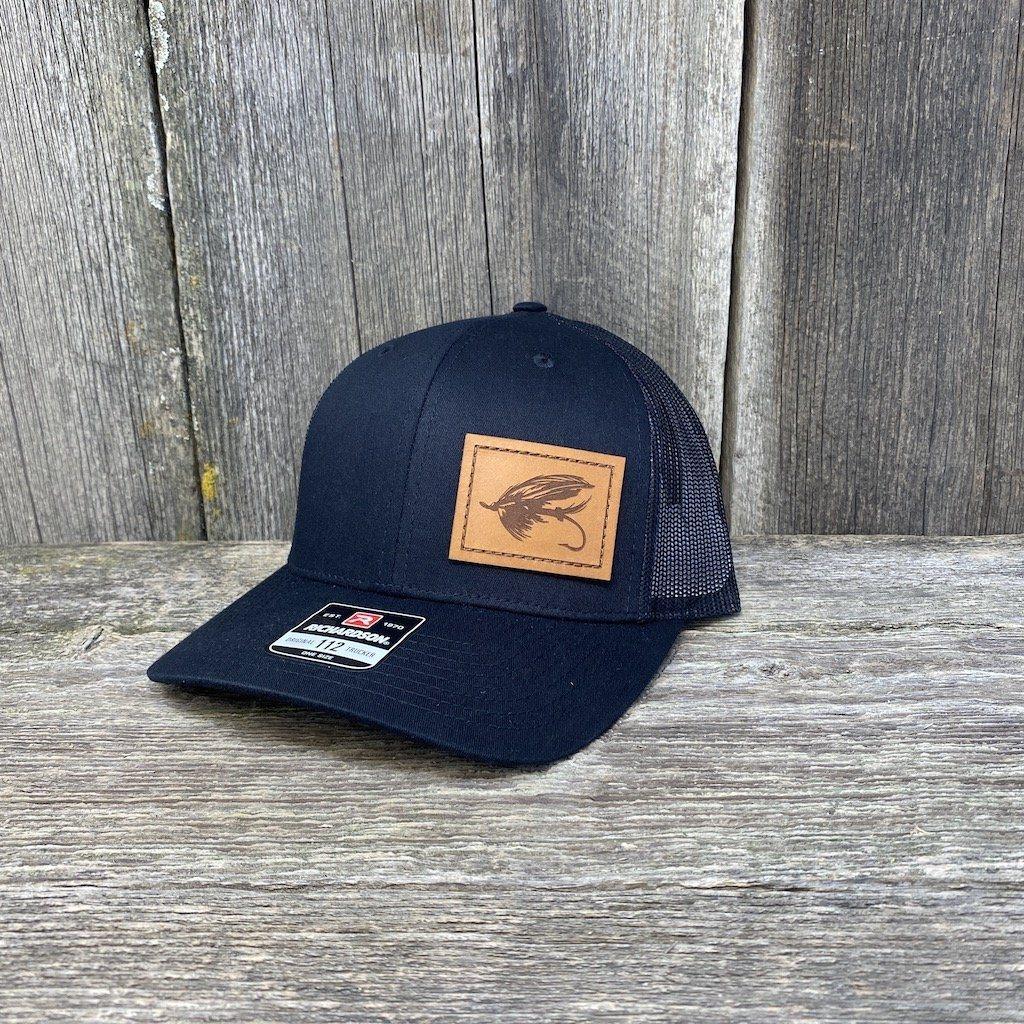 STEELHEAD FLY STITCHED CHESTNUT LEATHER PATCH HAT - RICHARDSON 112 Leather Patch Hats Hells Canyon Designs # Solid Black