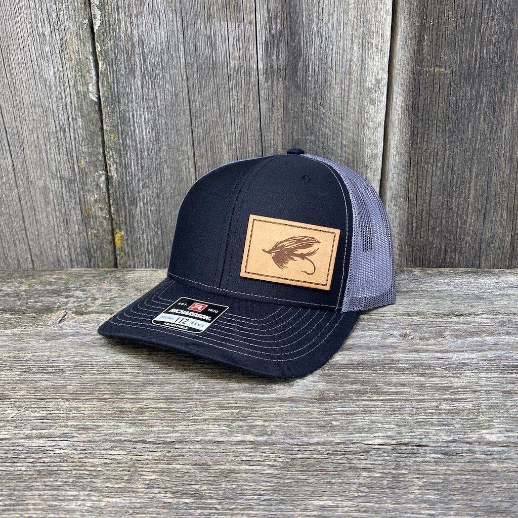 STEELHEAD FLY STITCHED NATURAL LEATHER PATCH HAT - RICHARDSON 112 Leather Patch Hats Hells Canyon Designs Black/Charcoal