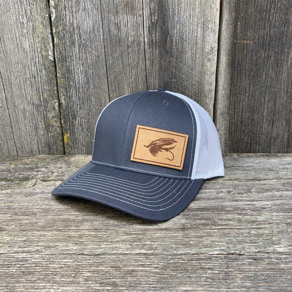 STEELHEAD FLY STITCHED NATURAL LEATHER PATCH HAT - RICHARDSON 112 Leather Patch Hats Hells Canyon Designs Charcoal/White