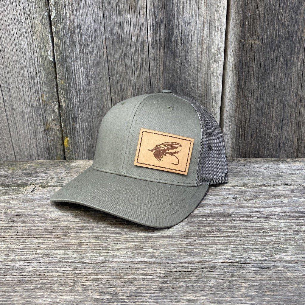 STEELHEAD FLY STITCHED NATURAL LEATHER PATCH HAT - RICHARDSON 112 Leather Patch Hats Hells Canyon Designs Loden