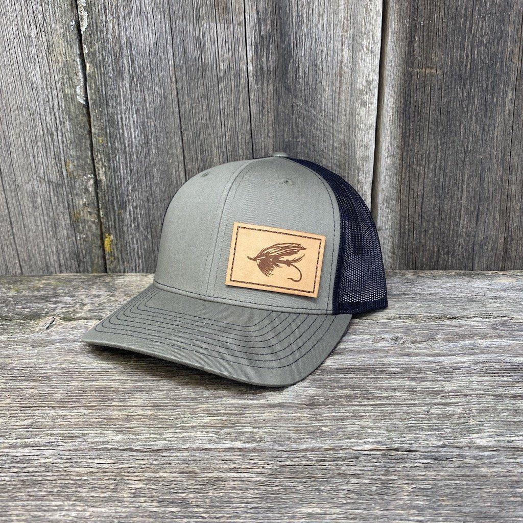 STEELHEAD FLY STITCHED NATURAL LEATHER PATCH HAT - RICHARDSON 112 Leather Patch Hats Hells Canyon Designs Loden/Black