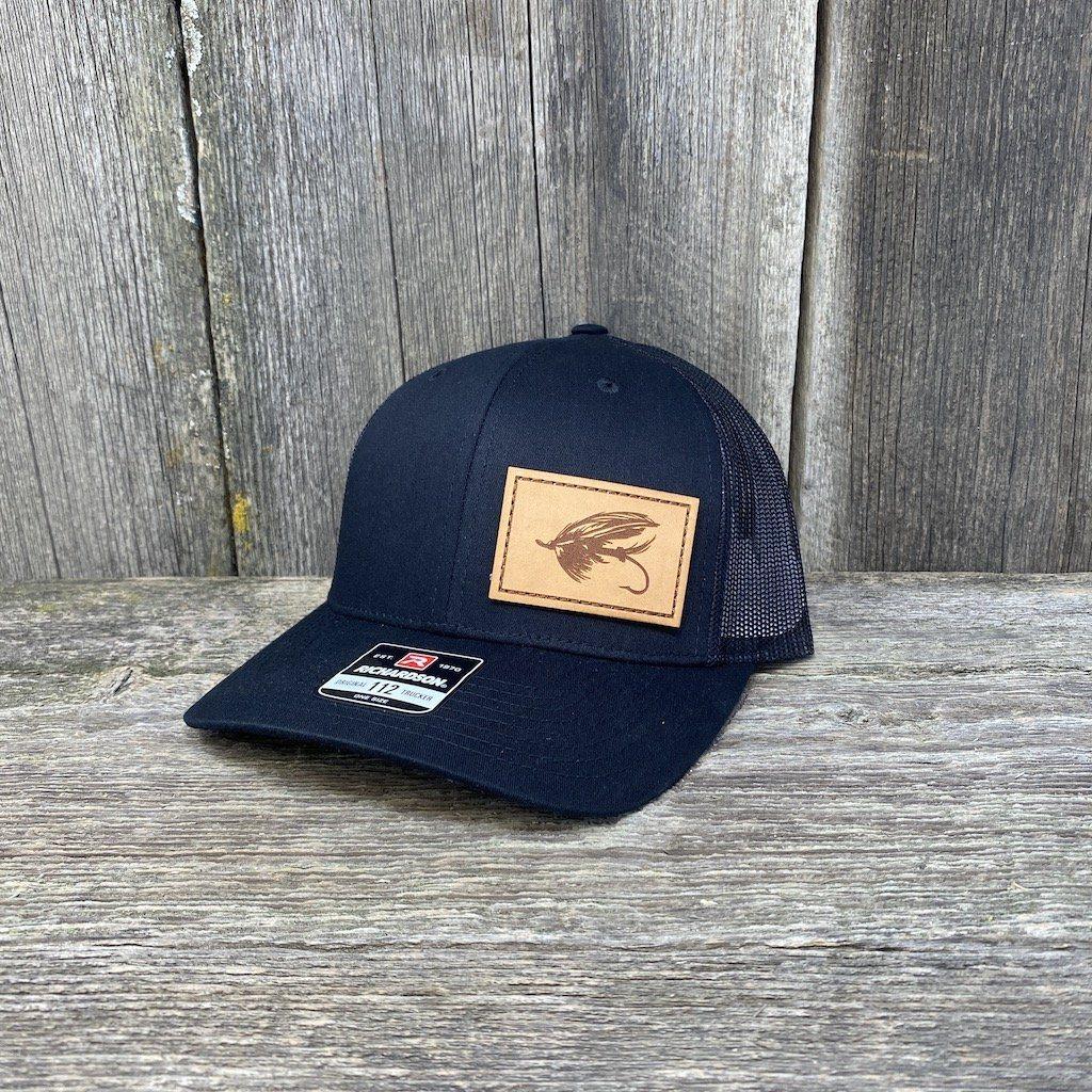 STEELHEAD FLY STITCHED NATURAL LEATHER PATCH HAT - RICHARDSON 112 Leather Patch Hats Hells Canyon Designs Solid Black