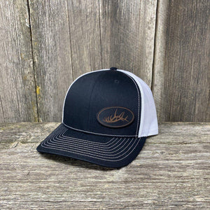 STITCHED ELK RACK BLACK LEATHER PATCH HAT - RICHARDSON 112 Leather Patch Hats Hells Canyon Designs # Black/White