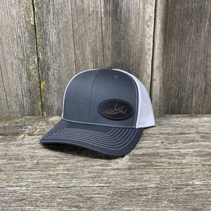 STITCHED ELK RACK BLACK LEATHER PATCH HAT - RICHARDSON 112 Leather Patch Hats Hells Canyon Designs # Charcoal/White