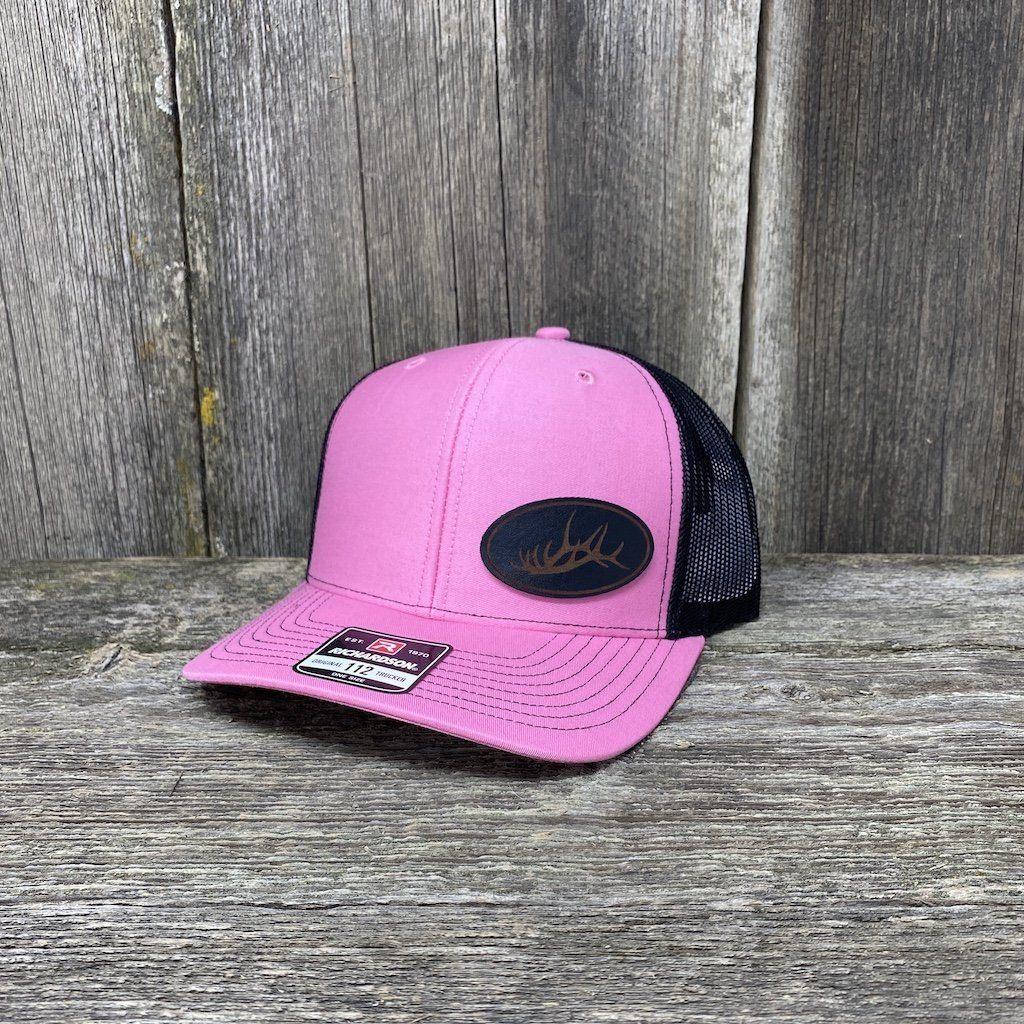 STITCHED ELK RACK BLACK LEATHER PATCH HAT - RICHARDSON 112 Leather Patch Hats Hells Canyon Designs # Pink/Black