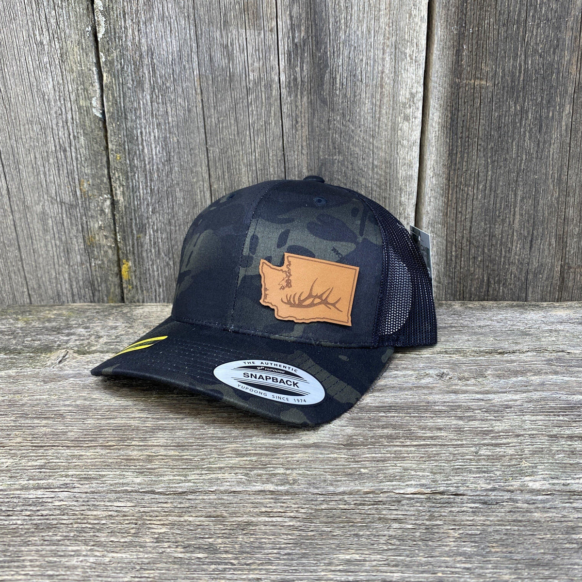 Washington Hat Elk Patch Hat Flex-Fit Leather Patch Hats Hells Canyon Designs Black Multicam