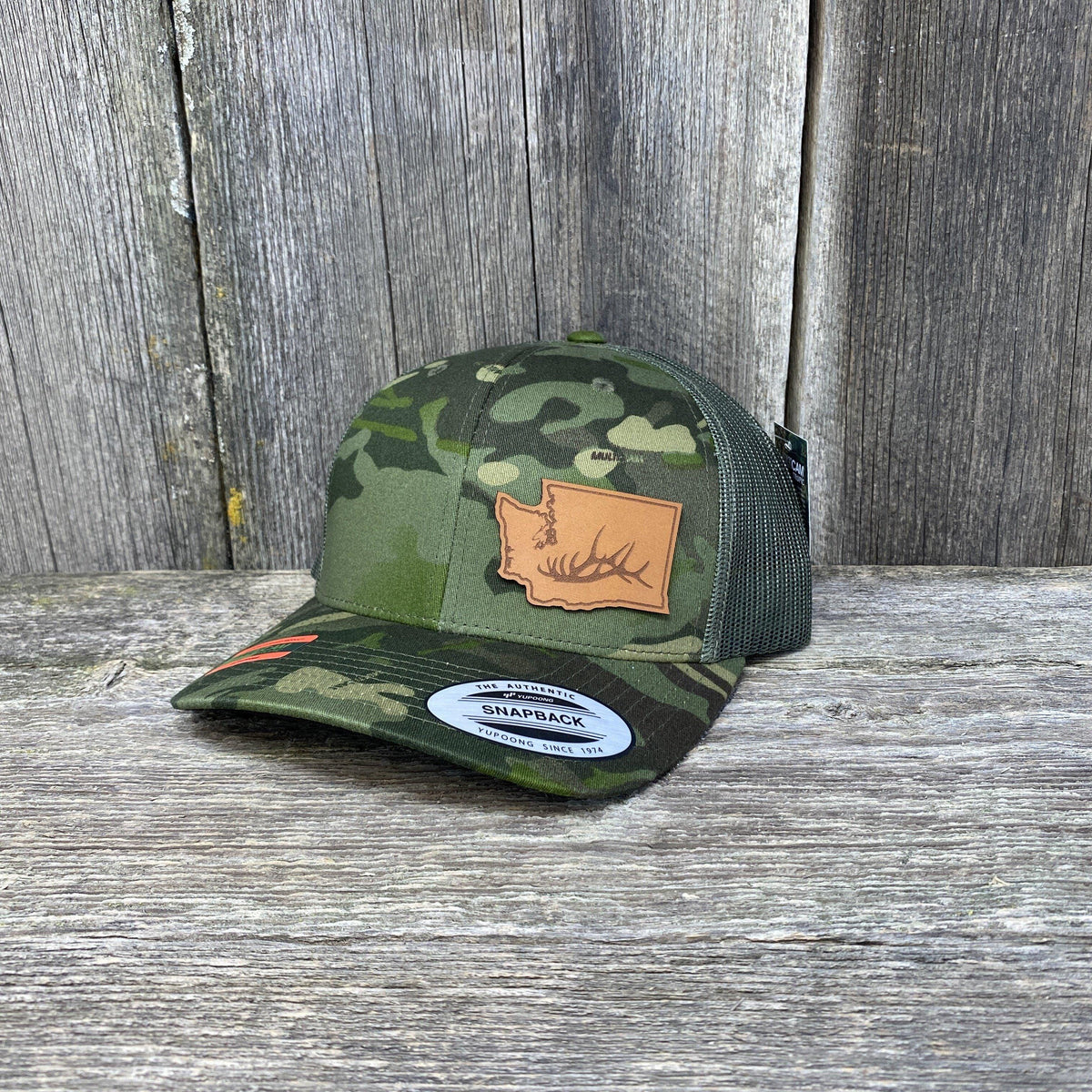 Washington Hat Elk Patch Hat Flex-Fit Leather Patch Hats Hells Canyon Designs Tropical Multicam