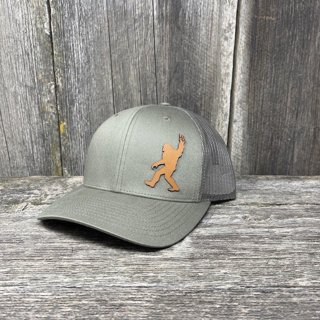 BIGFOOT PEACE SIGN CHESTNUT LEATHER PATCH HAT - RICHARDSON 112 Leather Patch Hats Hells Canyon Designs # Loden 