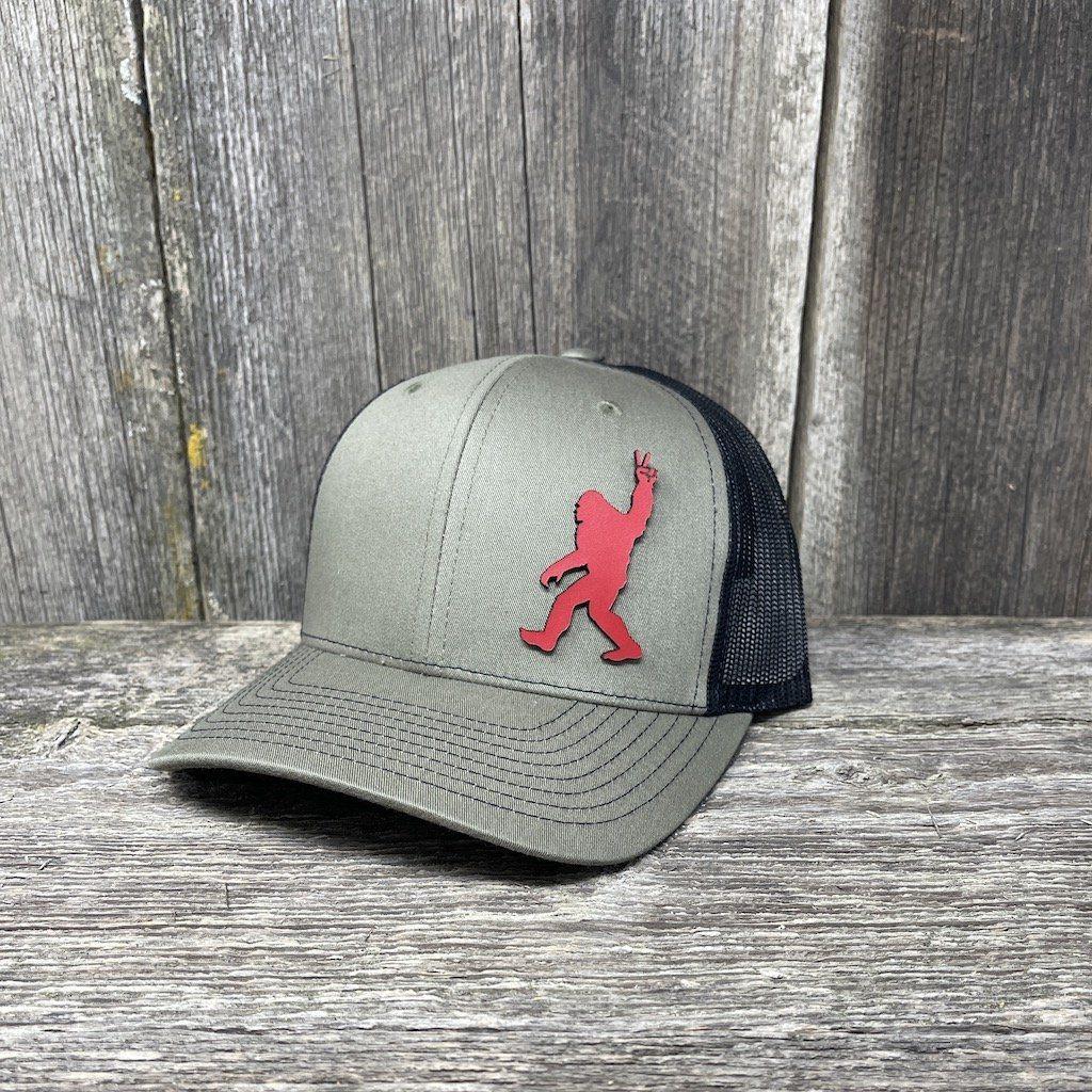 BIGFOOT PEACE SIGN RED LEATHER PATCH HAT - RICHARDSON 112 Leather Patch Hats Hells Canyon Designs # Loden/Black