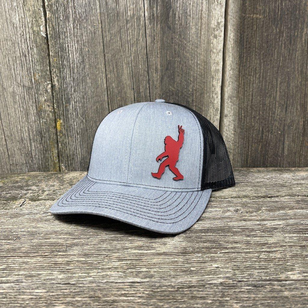 BIGFOOT PEACE SIGN RED LEATHER PATCH HAT - RICHARDSON 112 Leather Patch Hats Hells Canyon Designs # Heather Grey/Black 