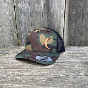 CRESCENT MOON CHESTNUT LEATHER PATCH HAT - FLEXFIT SNAPBACK Leather Patch Hats Hells Canyon Designs BDU/Black 