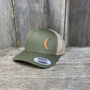 CRESCENT MOON CHESTNUT LEATHER PATCH HAT - FLEXFIT SNAPBACK Leather Patch Hats Hells Canyon Designs # Moss/Khaki