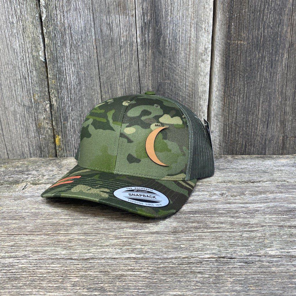 CRESCENT MOON CHESTNUT LEATHER PATCH HAT - FLEXFIT SNAPBACK Leather Patch Hats Hells Canyon Designs # Tropical Multicam 
