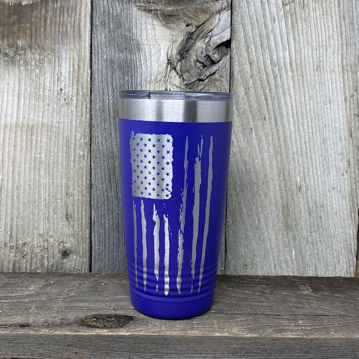 Distressed 20oz Flag Tumblers Tumbler Hells Canyon Art Glass and Laser Purple 