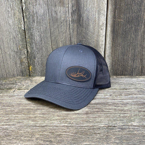 ELK RACK BLACK LEATHER PATCH HAT - RICHARDSON 112 Leather Patch Hats Hells Canyon Designs # Charcoal/Black 