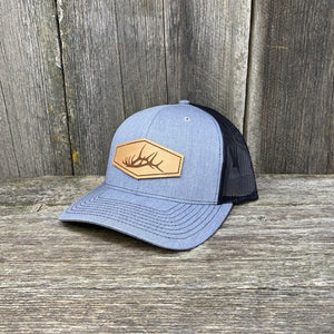 ELK SHED STITCHED NATURAL LEATHER PATCH HAT - RICHARDSON 112 Leather Patch Hats Hells Canyon Designs Heather/Black 