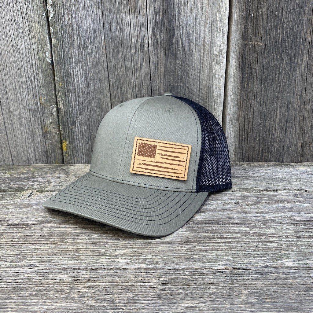 HAND SEWN DISTRESSED FLAG LEATHER PATCH HAT - RICHARDSON 112 Leather Patch Hats Hells Canyon Designs # Loden/Black 