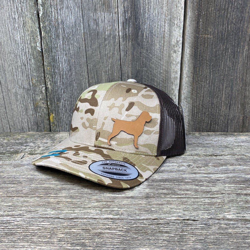 HUNTING DOG CHESTNUT LEATHER PATCH HAT - FLEXFIT SNAPBACK Leather Patch Hats Hells Canyon Designs Arid/Brown Multicam 