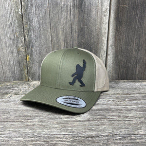 SASQUATCH BLACK LEATHER PEACE PATCH - FLEXFIT SNAPBACK Leather Patch Hats Hells Canyon Designs # Moss/Khaki