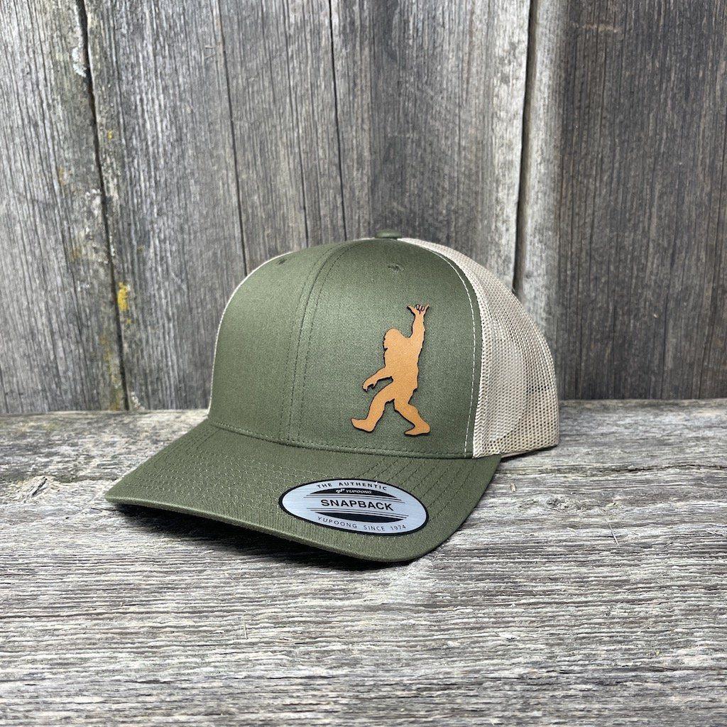 SASQUATCH CHESTNUT LEATHER SHAKA PATCH - FLEXFIT-SNAPBACK Leather Patch Hats Hells Canyon Designs # Moss/Khaki
