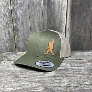 SASQUATCH CHESTNUT LEATHER SHAKA PATCH - FLEXFIT-SNAPBACK Leather Patch Hats Hells Canyon Designs # Moss/Khaki