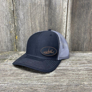 STITCHED ELK RACK BLACK LEATHER PATCH HAT - RICHARDSON 112 Leather Patch Hats Hells Canyon Designs # Black/Charcoal 