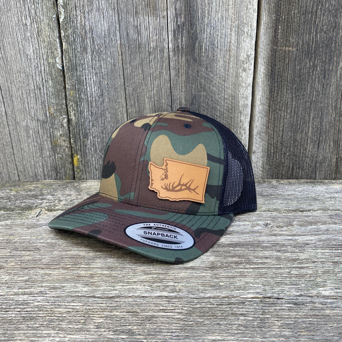 Washington Hat Elk Patch Hat Flex-Fit Leather Patch Hats Hells Canyon Designs BDU/Black 